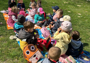Przedszkolaki podczas pikniku po spacerze w lesie.