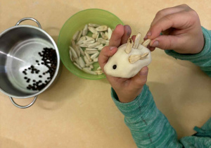 Dzieci wkładają ziarna słonecznika w jeże z masy solnej.