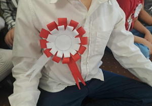 Chłopiec w białej koszuli z przypiętą kokardą narodową.